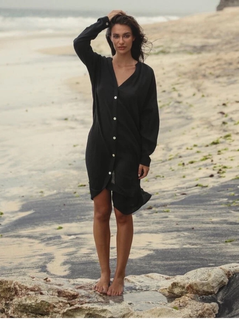 The Handloom LA Terra Midi Shirt Dress  Black Turkish Cotton Gauze One Size